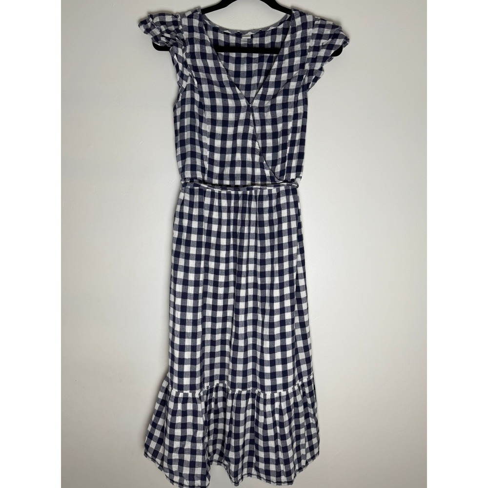 Old Navy Womens Navy Blue Gingham Flutter Sleeve Wrap Midi Dress Size M Cottage